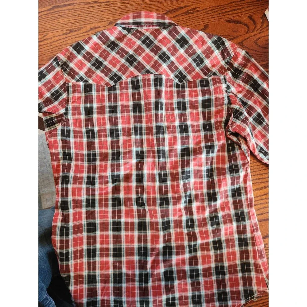 Wrangler Wrancher Shirt Mens M Red Plaid L/S Pearl Snap Flannel Pockets‎ Western